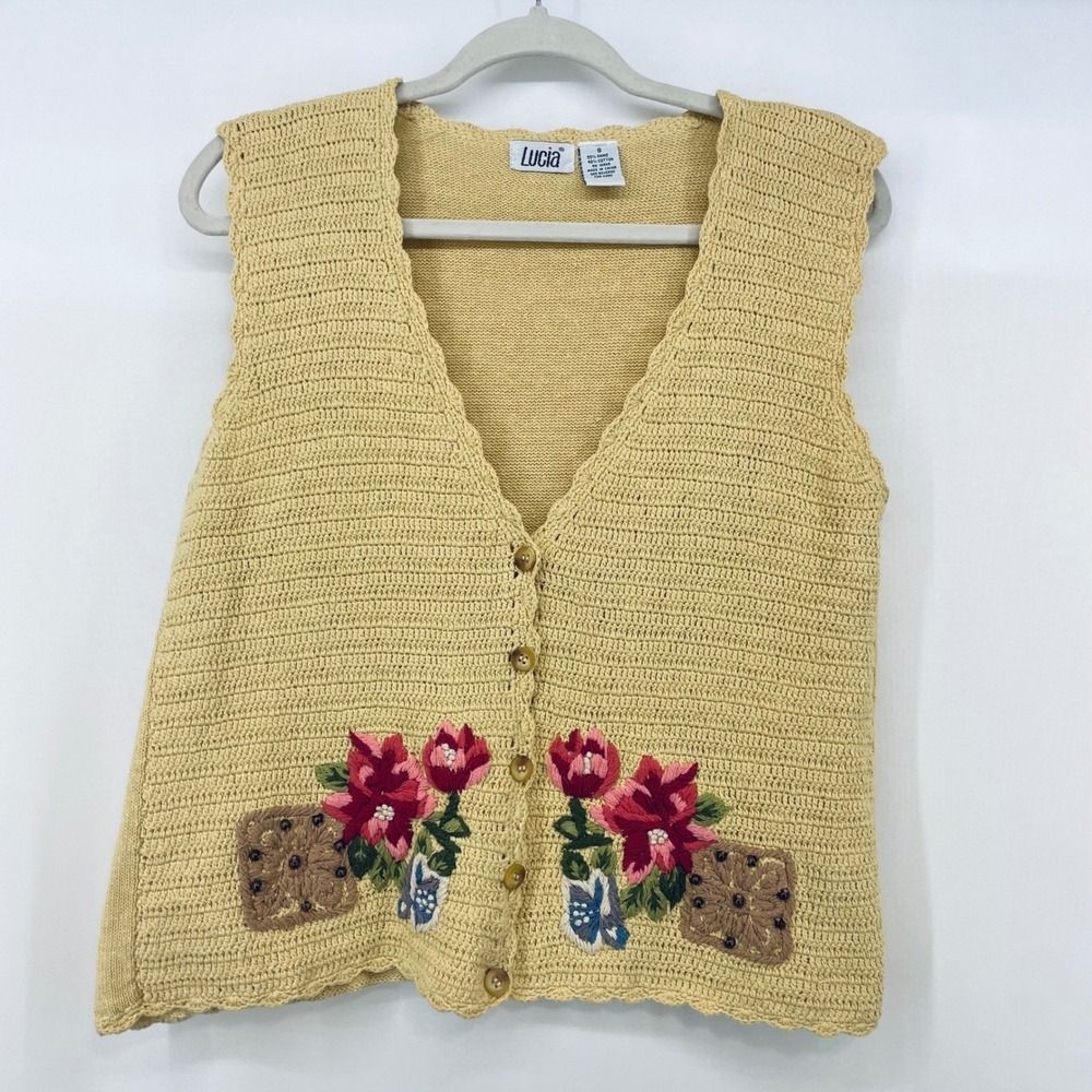Lucia Vintage Size S Sweater Vest Yellow Floral Embroidered Crochet Granny Core